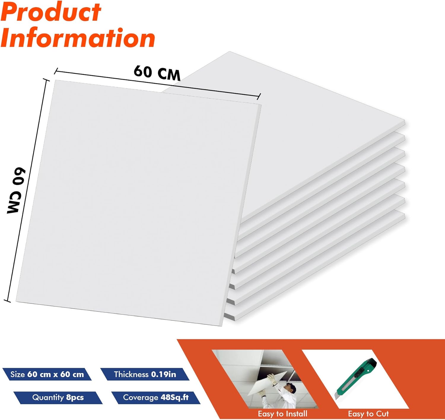Gypsum False Ceiling Tile, White 600x600x7mm Pack of 8