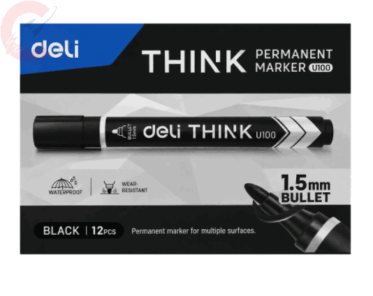 Deli, Think Tip Low Bullet 1.5mm, Permanent Marker, Black ( Pack of 12)